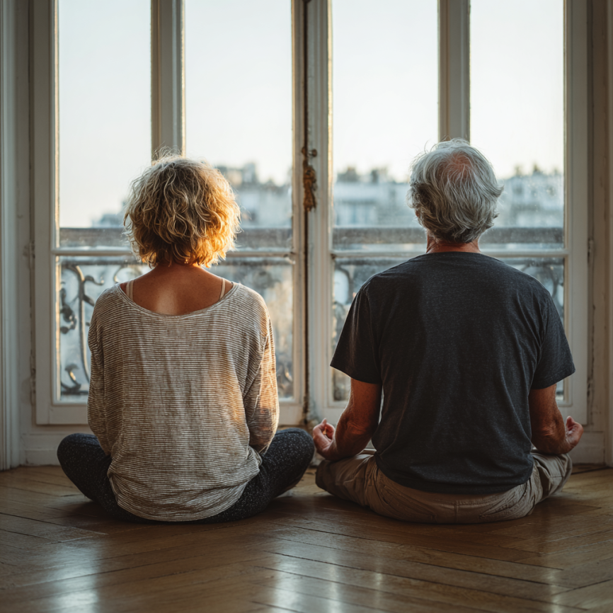 Grup de seniori practicând yoga în aer liber